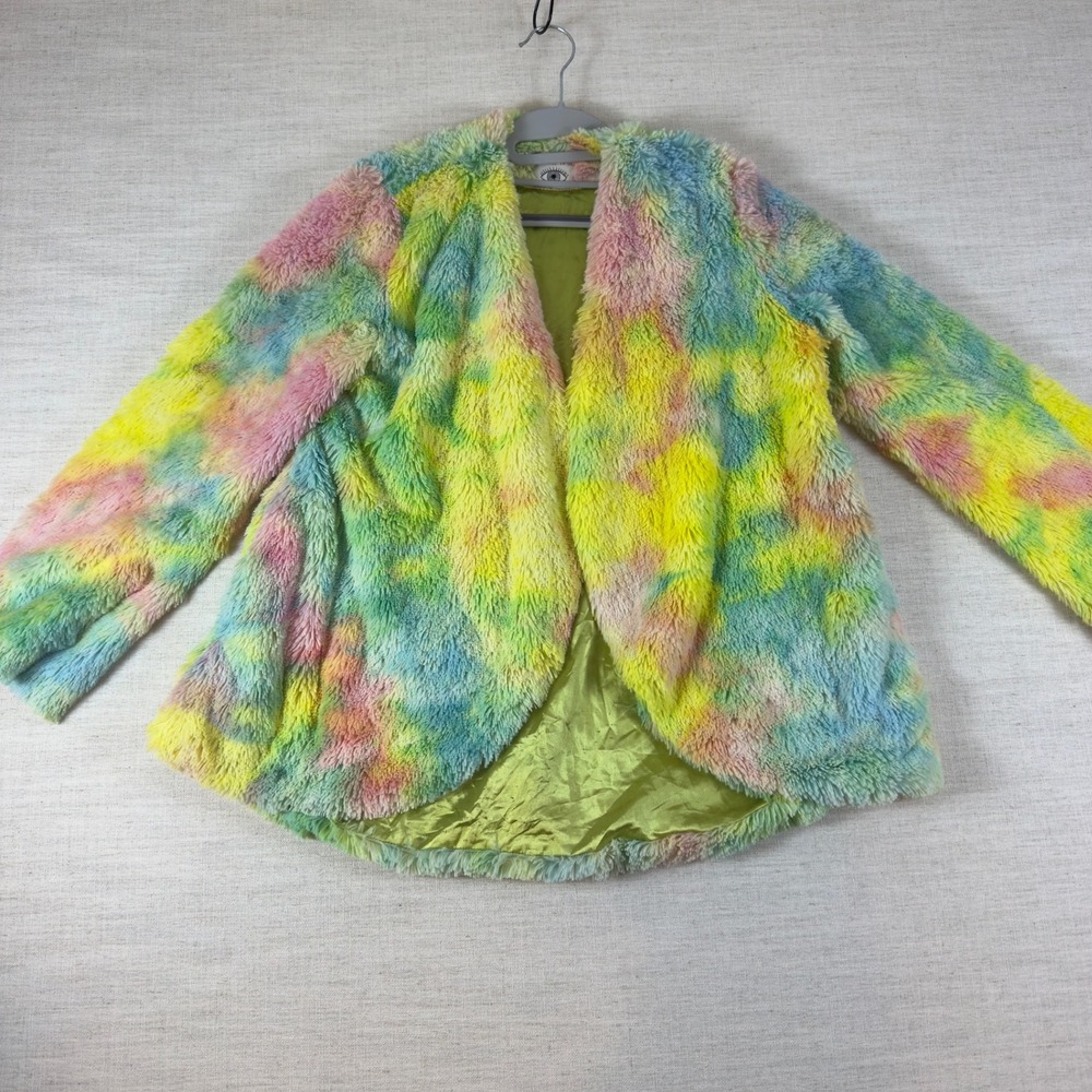 Current Mood Tie Dye Faux Fur Jacket Neon Multi Color Shaggy Festival Coat Small